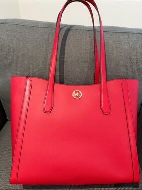 Michael Kors Bright Red Leida Leather Tote New with Tag